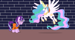 Size: 2768x1496 | Tagged: safe, artist:shho13, artist:stephen-fisher, princess celestia, starlight glimmer, alicorn, pony, unicorn, alternate ending, clothes, horn cap, jail, magic suppression, prison, prison outfit, prisoner, punish the villain, punishment, sad