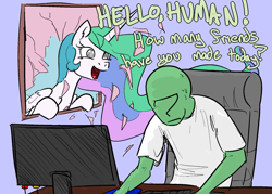 Size: 1280x916 | Tagged: safe, artist:nobody, color edit, princess celestia, oc, oc:anon, alicorn, human, pony, broken glass, broken window, chair, color, colored, computer, defenestratia, dialogue, dork, female, friends, frown, human male, make some friends, male, mare, nervous, open mouth, sitting, slouching, smiling, sweat, sweatdrop, unamused, window