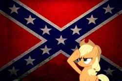 Size: 900x600 | Tagged: safe, artist:somekinda, applejack, earth pony, pony, confederate, confederate flag, drama, flag, mouthpiece, op is a cuck, op is trying to start shit, salute, solo