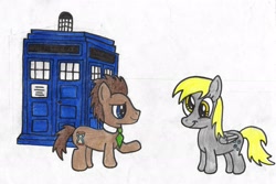 Size: 2055x1375 | Tagged: safe, artist:thefieryhawk, derpy hooves, doctor whooves, doctor who, tardis, traditional art