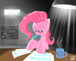 Size: 1280x1024 | Tagged: safe, artist:chrisboe4ever, pinkie pie, earth pony, pony, chalkboard, glasses, mouth hold, pencil, solo