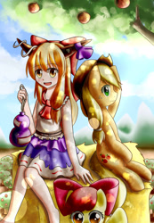 Size: 2430x3507 | Tagged: safe, artist:dyoung, apple bloom, applejack, earth pony, pony, crossover, ibuki suika, sunshine, touhou