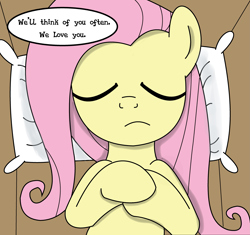 Size: 3729x3512 | Tagged: safe, artist:rainb0wdashie, fluttershy, pegasus, pony, ask lonershy, coffin, eyes closed, funeral, pillow, solo, speech bubble