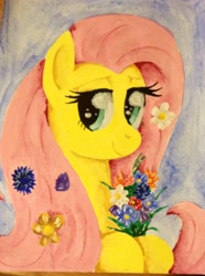 Size: 1490x1998 | Tagged: safe, artist:denigirl, fluttershy, pegasus, pony, flower, solo, traditional art