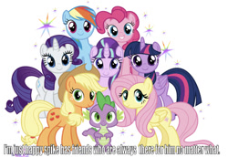 Size: 681x468 | Tagged: safe, editor:undeadponysoldier, applejack, fluttershy, pinkie pie, rainbow dash, rarity, spike, starlight glimmer, twilight sparkle, twilight sparkle (alicorn), alicorn, dragon, earth pony, pegasus, pony, unicorn, mane eight, mane seven, mane six, spikelove