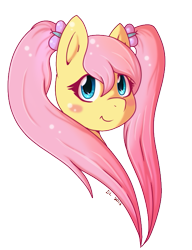 Size: 503x656 | Tagged: safe, artist:daikaluff, fluttershy, pegasus, pony, alternate hairstyle, head, simple background, smiling, solo, transparent background, twintails