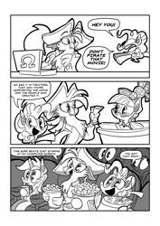 Size: 1985x2806 | Tagged: safe, artist:joeywaggoner, captain celaeno, derpy hooves, juniper montage, lyra heartstrings, pinkie pie, spike, anthro, pony, my little pony: the movie, anthro with ponies, beauty mark, comic, ear piercing, earring, equestria girls ponified, female, hat, internet, jewelry, monochrome, movie, piercing, pirate, pirate hat, ponified, privateer, public service announcement