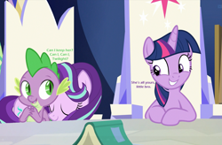 Size: 1469x963 | Tagged: safe, artist:uigsyvigvusy, edit, edited screencap, screencap, spike, starlight glimmer, twilight sparkle, twilight sparkle (alicorn), alicorn, dragon, pony, unicorn, sparkle's seven, behaving like a cat, book, caption, chair, curled up, cute, cutie map, daaaaaaaaaaaw, eyes closed, female, friendship throne, hundreds of users filter this tag, image macro, male, map, mare, shipper on deck, shipping, smiling, sniffing, sparlight, spikelove, straight, text, throne room, twilight's castle, vector, winged spike
