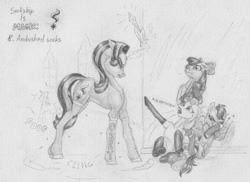 Size: 1581x1151 | Tagged: safe, artist:joestick, apple bloom, scootaloo, starlight glimmer, sweetie belle, earth pony, pegasus, pony, unicorn, :i, against wall, book, clothes, cutie mark crusaders, female, magic, mare, monochrome, pencil drawing, prank, socks, sockship is magic, squeaky belle, starlight is not amused, teleportation, traditional art, twilight's castle, unamused