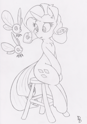 Size: 3860x5476 | Tagged: safe, artist:dfectivedvice, rarity, parasprite, pony, unicorn, grayscale, monochrome, sitting, sketch, solo, stool, traditional art