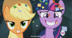 Size: 1441x763 | Tagged: safe, screencap, applejack, twilight sparkle, twilight sparkle (alicorn), alicorn, earth pony, pony, trade ya, female, hub logo, mare, meme, youtube caption