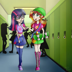 Size: 1412x1412 | Tagged: safe, artist:toxiccolour, sci-twi, sunset shimmer, twilight sparkle, human, equestria girls, alternate costumes, alternate universe, beanie, book, cutie mark on clothes, female, hat, human counterpart, human sunset, humanized, lesbian, looking at each other, request, requested art, scitwishimmer, shipping, skateboard, sunsetsparkle, talking
