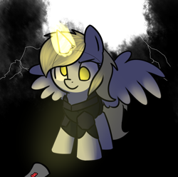 Size: 1298x1290 | Tagged: safe, artist:neuro, derpy hooves, alicorn, pegasus, pony, my little pony: the movie, alicornified, armor, derpicorn, evil, female, flashlight (object), glowing horn, mare, race swap, solo, xk-class end-of-the-world scenario