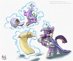 Size: 1024x850 | Tagged: safe, artist:holotuff, derpibooru import, spike, twilight sparkle, unicorn twilight, dragon, pony, unicorn, azorius, cape, caught, clothes, cookie, crossover, duo, eyes closed, female, food, hood, hoof shoes, levitation, magic, magic aura, magic the gathering, male, mare, raised hoof, ravnica, robes, scroll, telekinesis