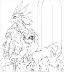 Size: 761x851 | Tagged: safe, artist:blackrunewarlock, rarity, spike, anthro, abs, glasses, lineart, monochrome, older, older spike, wip