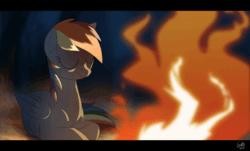 Size: 1232x744 | Tagged: safe, artist:ruhje, derpibooru import, rainbow dash, pegasus, pony, animated, campfire, eyes closed, gif, solo, sound at source