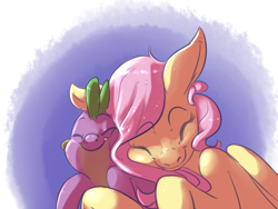 Size: 1280x960 | Tagged: safe, artist:imsokyo, fluttershy, spike, dragon, pegasus, pony, baby, baby dragon, cuddling, cute, daily sleeping spike, eyes closed, female, male, mare, simple background, sleeping, smiling, snuggling, spikabetes, spikelove, tumblr