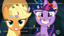 Size: 1920x1079 | Tagged: safe, screencap, applejack, twilight sparkle, twilight sparkle (alicorn), alicorn, earth pony, pony, trade ya, alicorn drama, drama, female, hub logo, mare, satire