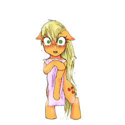 Size: 900x900 | Tagged: safe, artist:kuromozuku, applejack, earth pony, pony, bipedal, blushing, embarrassed, loose hair, pixiv, simple background, solo, towel, wet mane