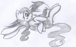 Size: 1024x641 | Tagged: safe, artist:djm30wm1x, fluttershy, oc, oc:stitchy, pegasus, pony, boop, canon x oc, eyes closed, female, floppy ears, frown, legs in air, lesbian, noseboop, on back, on side, sad, shipping