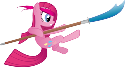 Size: 2540x1367 | Tagged: safe, artist:wraithx79, pinkie pie, earth pony, pony, female, guan yu, guandao, leaping, mare, polearm, simple background, solo, the quest of three kingdoms, transparent background, weapon