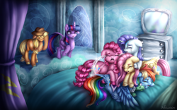 Size: 1920x1200 | Tagged: safe, artist:9de-light6, derpibooru import, applejack, fluttershy, pinkie pie, rainbow dash, rarity, tank, twilight sparkle, twilight sparkle (alicorn), alicorn, earth pony, pegasus, pony, unicorn, tanks for the memories, cry pile, crying, crying inside, female, mane six, mare, ocular gushers, pony pile, scene interpretation, unshorn fetlocks