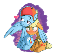 Size: 1800x1707 | Tagged: safe, artist:nolycs, derpibooru import, applejack, rainbow blitz, rainbow dash, earth pony, pegasus, pony, appleblitz (straight), appledash, backwards cutie mark, blitzabetes, blushing, cute, female, half r63 shipping, heart, hug, male, rule 63, rule63betes, scrunchy face, shipping, snuggling, straight, winghug