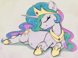 Size: 1821x1372 | Tagged: safe, artist:marsminer, princess celestia, alicorn, pony, belly, belly button, big belly, content, crown, ethereal mane, eyes closed, female, jewelry, mare, momlestia, preglestia, pregnant, regalia, simple background, smiling, solo