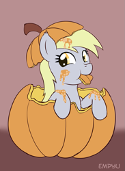 Size: 733x1000 | Tagged: safe, artist:empyu, derpy hooves, pegasus, pony, 30 minute art challenge, eating, herbivore, horses doing horse things, pumpkin, smiling, solo