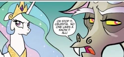 Size: 777x356 | Tagged: safe, artist:tonyfleecs, idw, discord, princess celestia, alicorn, draconequus, pony, friends forever, spoiler:comic, spoiler:comicff2, annoyed, cropped, duo, female, gradient background, male, mare, official comic, speech bubble