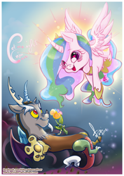 Size: 600x849 | Tagged: safe, artist:nekoi-echizen, discord, princess celestia, alicorn, pony, blushing, crepuscular rays, curved horn, dislestia, female, flower, flying, heart eyes, male, shipping, straight, sun, wingding eyes