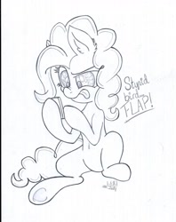 Size: 1024x1290 | Tagged: safe, artist:cyanyeh, pinkie pie, earth pony, pony, cellphone, flappy bird, gaming, monochrome, phone, sitting, solo, tongue out, traditional art, underhoof