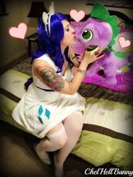 Size: 720x960 | Tagged: safe, artist:chelhellbunny, rarity, spike, human, clothes, cosplay, costume, explicit source, female, high heels, irl, irl human, male, photo, plushie, shipping, shoes, sparity, straight, tattoo