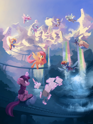 Size: 6000x8019 | Tagged: safe, artist:freeedon, derpibooru import, cloudchaser, derpy hooves, fleetfoot, flitter, fluttershy, night glider, rainbow dash, spitfire, twilight sparkle, twilight sparkle (alicorn), alicorn, pegasus, pony, absurd file size, absurd resolution, beautiful, belly button, city, clothes, cloud, cloudscape, cloudsdale, female, floppy ears, flying, goggles, magic, mare, open mouth, paper, quill, rainbow, rainbow waterfall, saddle bag, scenery, sitting, sky, smiling, uniform, vertigo, wonderbolts uniform