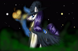 Size: 4950x3240 | Tagged: safe, artist:fairysearch, rarity, pony, unicorn, absurd resolution, cape, clothes, hat, jack-o-lantern, magic, solo, telekinesis, witch hat