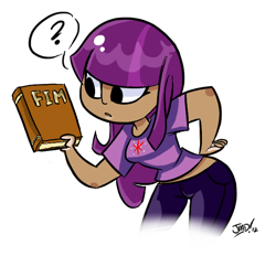 Size: 656x610 | Tagged: safe, artist:justindurden, derpibooru import, twilight sparkle, human, book, humanized, moderate dark skin, question mark, solo