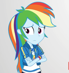 Size: 529x564 | Tagged: safe, derpibooru import, screencap, rainbow dash, better together, equestria girls, rollercoaster of friendship, clothes, cropped, crossed arms, geode of super speed, hoodie, magical geodes