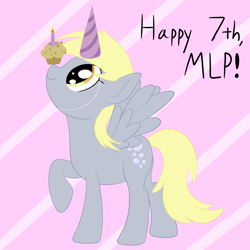 Size: 1500x1500 | Tagged: safe, artist:nitei, derpy hooves, balancing, food, happy birthday mlp:fim, hat, mlp fim's seventh anniversary, muffin, party hat, ponies balancing stuff on their nose