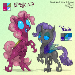 Size: 500x500 | Tagged: safe, artist:drjavi, pinkie pie, rarity, oc, oc:eipeik nip, oc:ytirar, changeling, earth pony, pony, changelingified, pink changeling