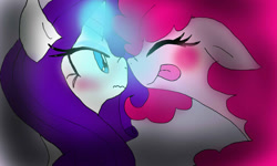 Size: 1024x614 | Tagged: safe, artist:martapd2, pinkie pie, rarity, earth pony, pony, unicorn, :p, blushing, boop, cute, dark, eyes closed, female, floppy ears, illuminated, lesbian, magic, nose wrinkle, noseboop, raripie, shipping, smiling, tongue out, wavy mouth