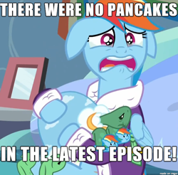 Size: 610x601 | Tagged: safe, derpibooru import, rainbow dash, tank, pegasus, pony, tanks for the memories, bathrobe, clothes, dashie slippers, depression dash, image macro, meme, pancakes, robe, tank slippers