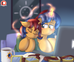 Size: 6390x5400 | Tagged: safe, artist:fleet-wing, oc, oc only, oc:electric spark, oc:sweet voltage, unicorn, absurd resolution, blanket, blushing, brother and sister, coffee mug, computer, cute, ear piercing, earring, explicit source, female, goggles, jewelry, laptop computer, male, misleading thumbnail, mug, patreon, patreon logo, piercing, siblings, sleeping, twins, voltspark