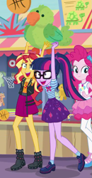 Size: 525x1010 | Tagged: safe, screencap, pinkie pie, sci-twi, sunset shimmer, twilight sparkle, better together, equestria girls, rollercoaster of friendship, cropped, geode of empathy, geode of sugar bombs, geode of telekinesis, parakeet, plushie, ponytail