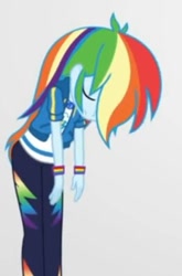 Size: 261x396 | Tagged: safe, derpibooru import, rainbow dash, better together, equestria girls, rollercoaster of friendship, eyes closed, female, geode of super speed, leaning, magical geodes