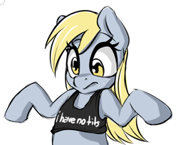 Size: 662x540 | Tagged: safe, artist:coinpo, derpy hooves, pegasus, pony, breasts, clothes, confused, delicious flat chest, female, mare, meme, shrug, simple background, solo, tanktop, white background