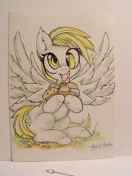 Size: 1280x1707 | Tagged: safe, artist:alts-art, derpy hooves, pegasus, pony, ear fluff, female, food, mare, muffin, open mouth, smiling, solo, spread wings, tongue out, traditional art, wings