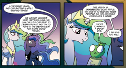 Size: 660x356 | Tagged: safe, artist:tonyfleecs, idw, princess celestia, princess luna, alicorn, living apple, pony, night of the living apples, spoiler:comic, spoiler:comic33, comic, ethereal mane, female, glasses, good apple, mare, official comic, speech bubble