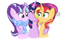 Size: 1404x892 | Tagged: safe, artist:forestheart74, starlight glimmer, sunset shimmer, twilight sparkle, unicorn twilight, pony, unicorn, clothes, hug, magical trio, scarf, side hug, simple background, transparent background, warm