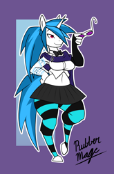 Size: 1232x1872 | Tagged: safe, artist:rubbermage, dj pon-3, vinyl scratch, anthro, unguligrade anthro, alternate hairstyle, belly button, bowtie, breasts, clothes, female, glasses, midriff, pantyhose, pleated skirt, ponytail, scarf, skirt, solo, striped pantyhose, tattoo, vinyl stacked, wide hips