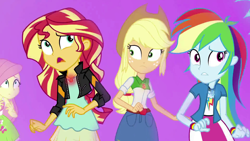 Size: 1920x1080 | Tagged: safe, derpibooru import, screencap, applejack, fluttershy, rainbow dash, sunset shimmer, equestria girls, mirror magic, spoiler:eqg specials, geode of empathy, geode of super speed, geode of super strength, magical geodes